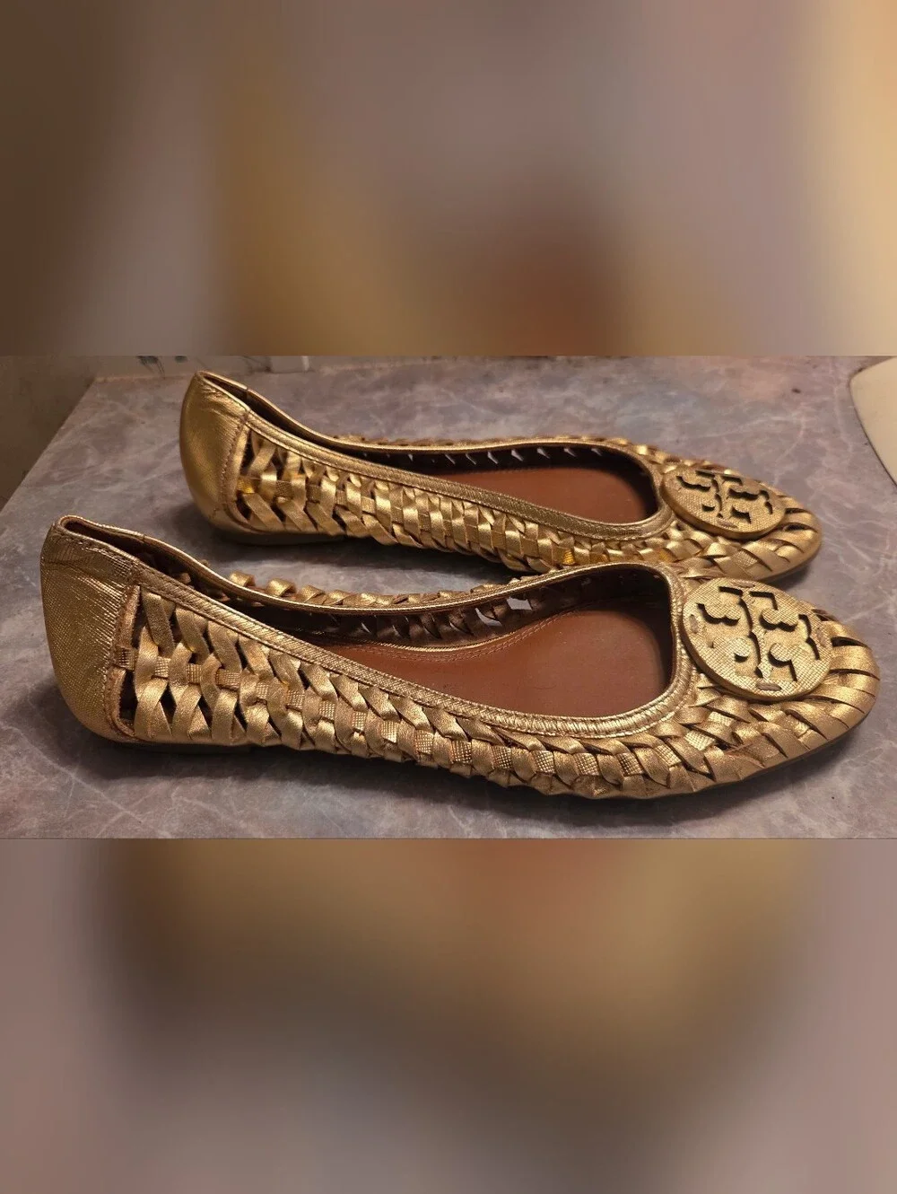 Tory Burch Gold Woven Leather Ballet Flats